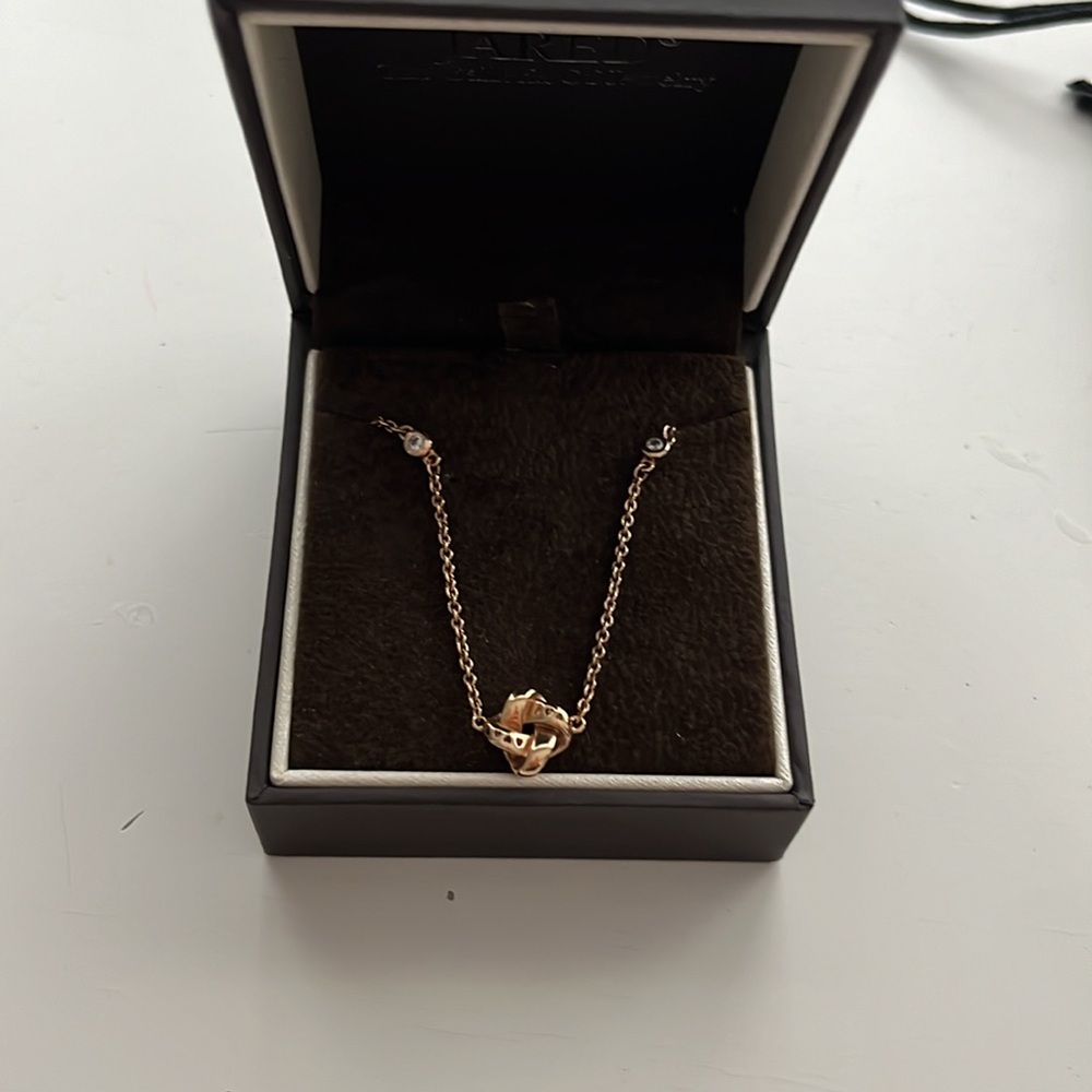 Pandora rose gold love knot necklace with 2 satellite crystals, 16”